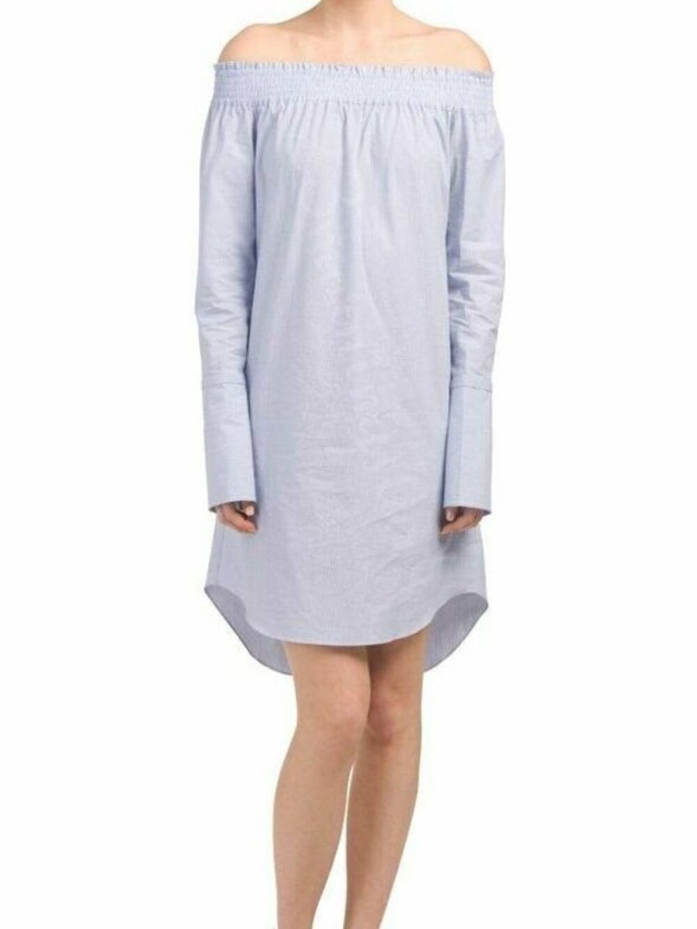 Derek Lam 10 Crosby Blue Pinstripe Cotton-Poplin Off-Shoulder Mini Dress